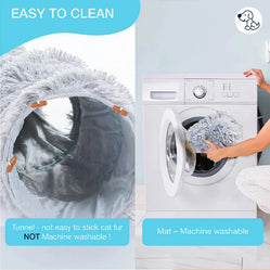 Easy to clean washable cat tunnel bed with machine washable mat shown