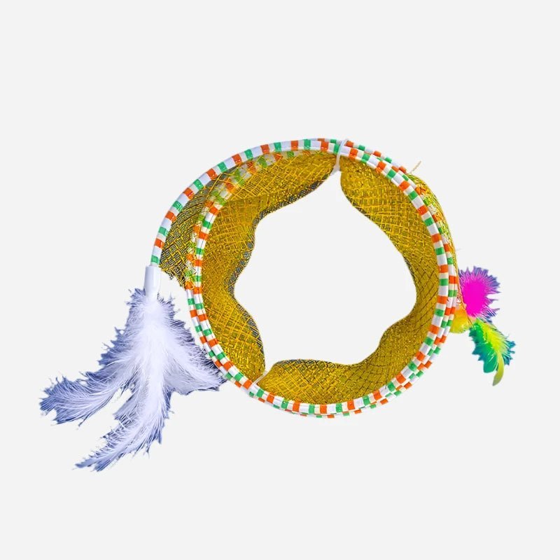 Bright yellow spiral cat toy with feathers, perfect for interactive play and stimulating your cat’s hunting instincts.