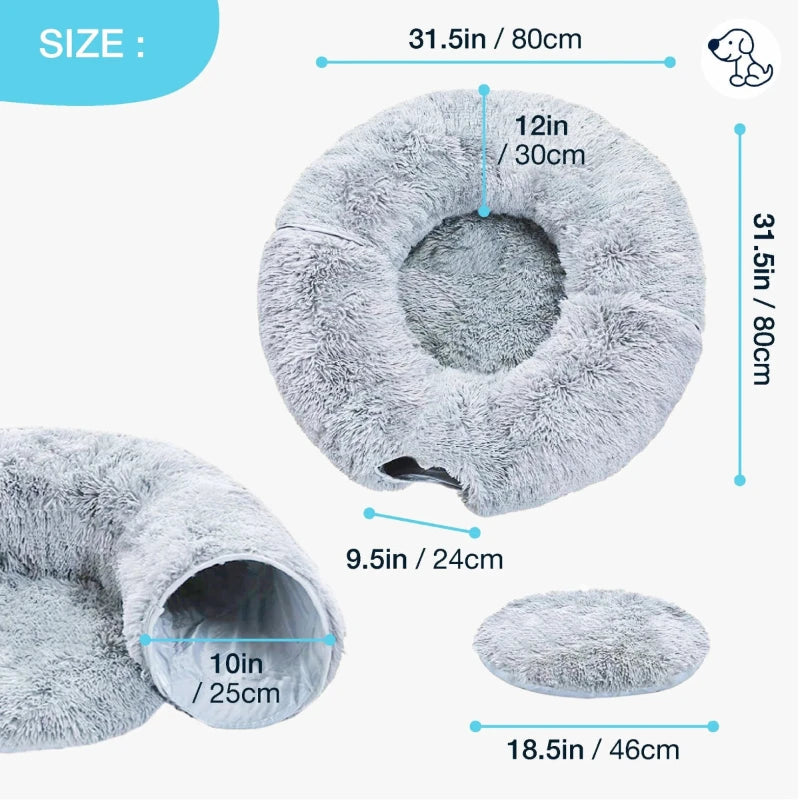 Size chart for cat hideaway tunnel bed with measurements in inches and cm
