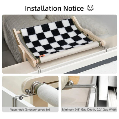 Installation guide for the cat window hammock, highlighting placement and gap requirements for secure setup.