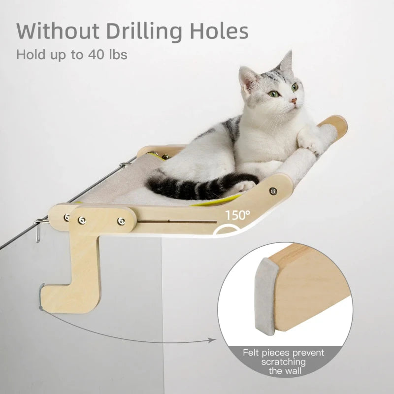 Cat window hammock design that holds up to 40 lbs without drilling holes, featuring protective felt pieces.