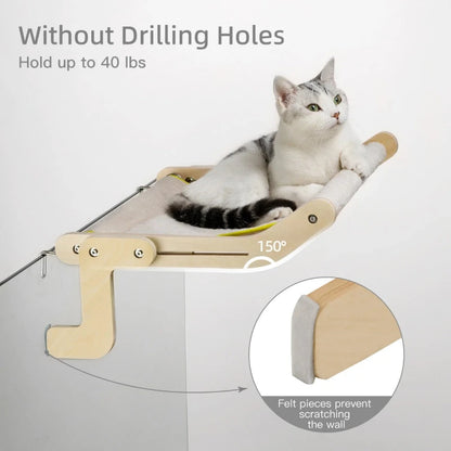 Cat window hammock design that holds up to 40 lbs without drilling holes, featuring protective felt pieces.