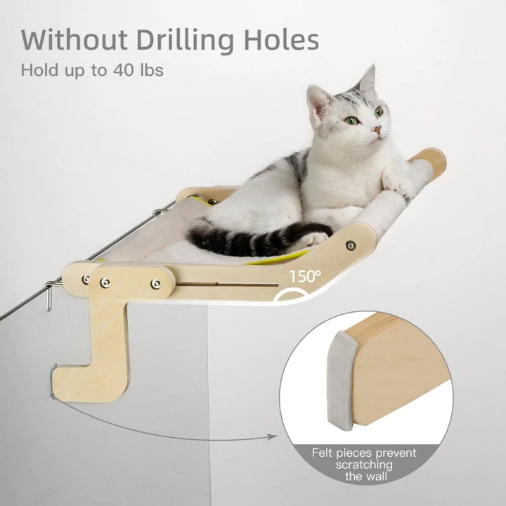 Cat window hammock design that holds up to 40 lbs without drilling holes, featuring protective felt pieces.