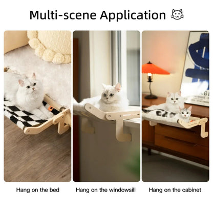 Three images showcasing a multi-scene cat window hammock, ideal for beds, windowsills, and cabinets.