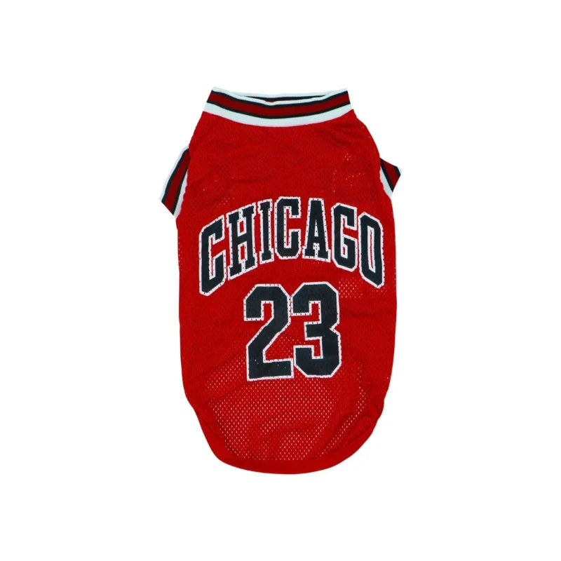 Chicago Bulls NBA dog jersey in red with "Chicago" and number "23" design, perfect for pet sports fans.