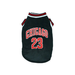 Chicago Bulls NBA dog jersey in black with "Chicago" and number "23" design, ideal for pet sports lovers.