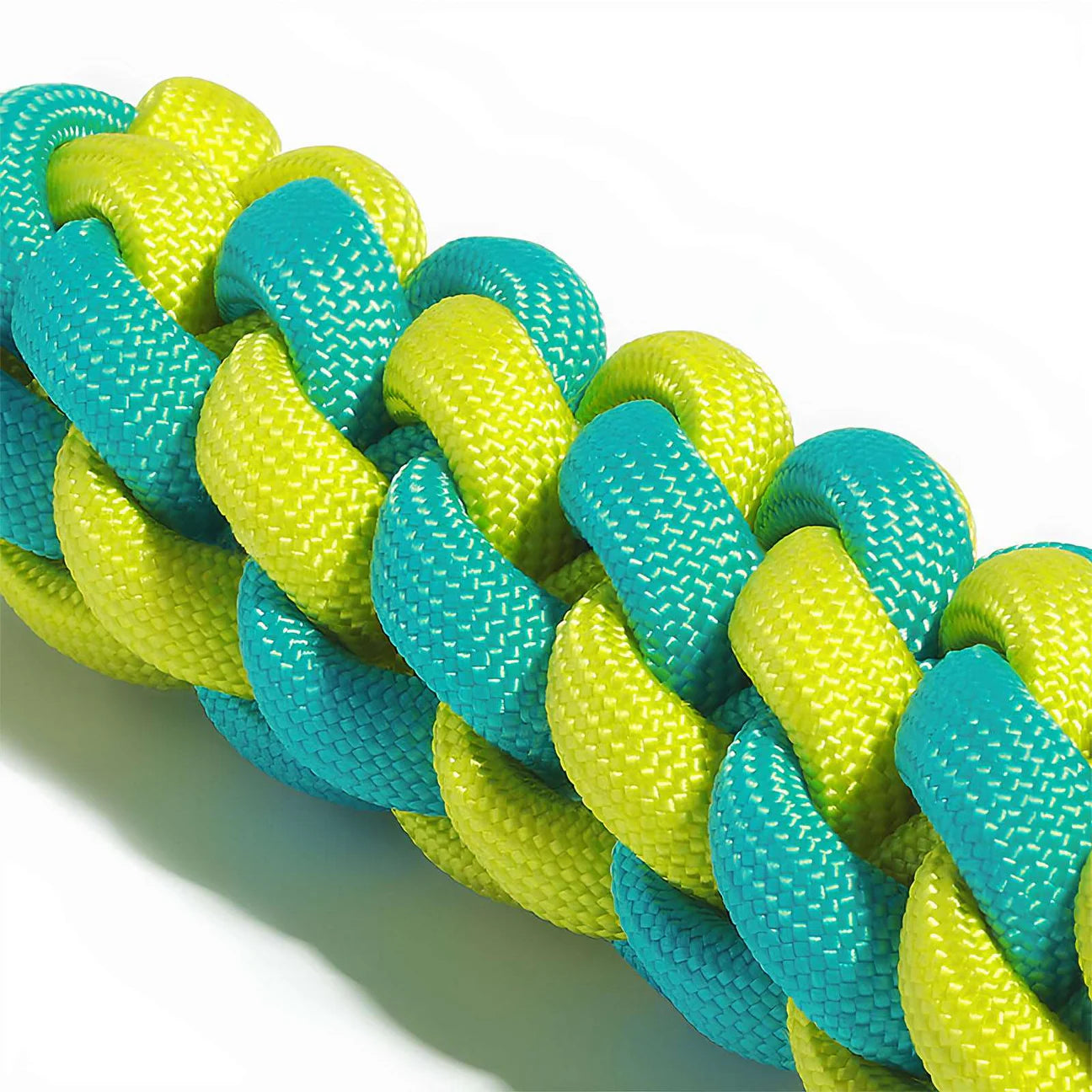 Close-up view of a durable braided rope dog toy in vibrant teal and yellow colors.