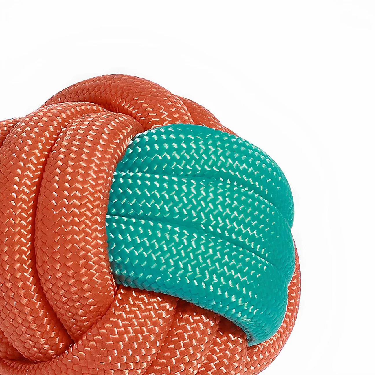 Close-up view of a durable rope ball dog toy in vibrant orange and teal colors.