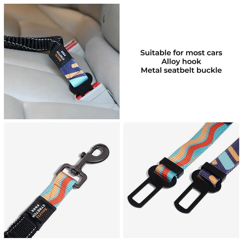 Different buckle options shown in collage for adjustable pet car seat belt.