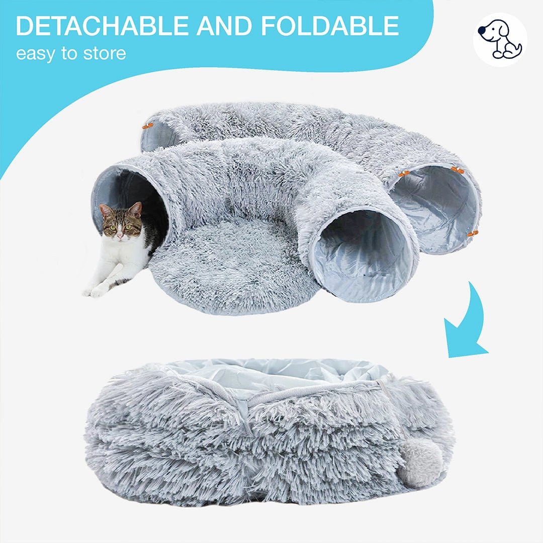 Detachable and foldable cat tunnel bed shown folded for easy storage