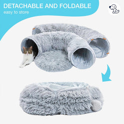 Detachable and foldable cat tunnel bed shown folded for easy storage