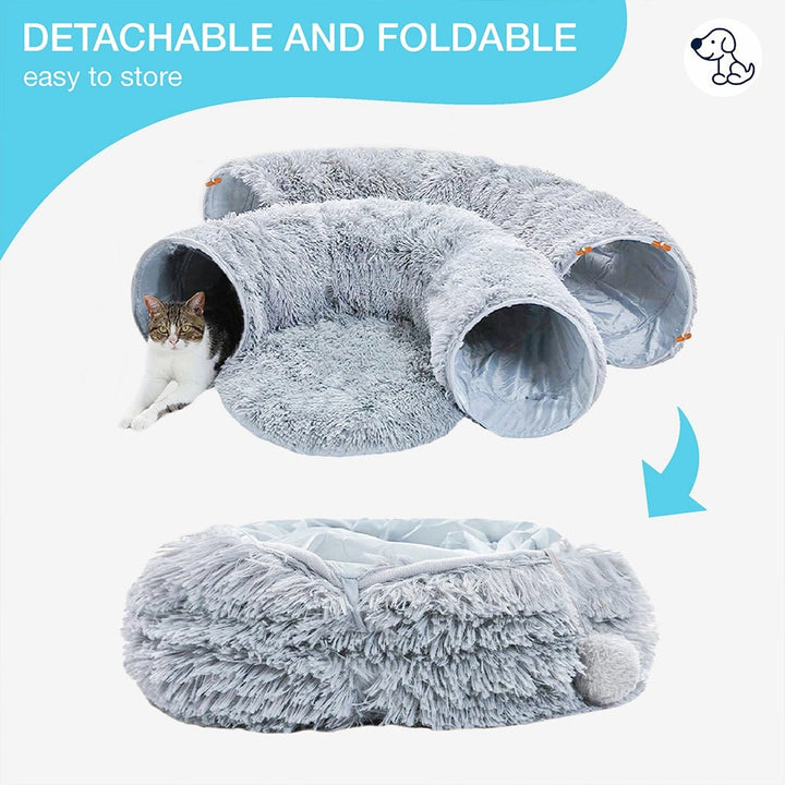 Detachable and foldable cat tunnel bed shown folded for easy storage