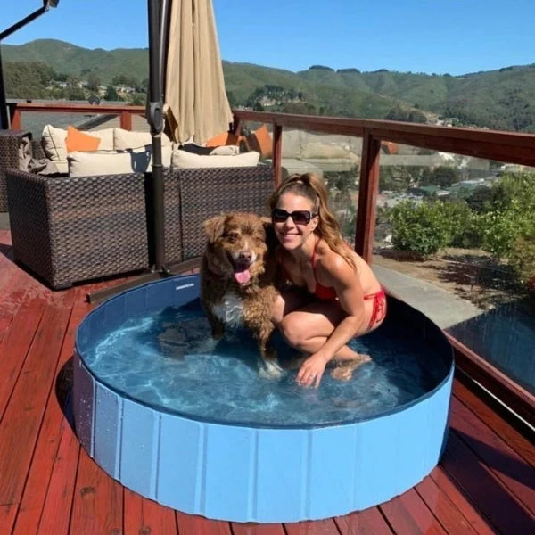 Collapsible dog swimming pool on a deck with a happy dog and owner enjoying the outdoors, perfect for summer pet fun.