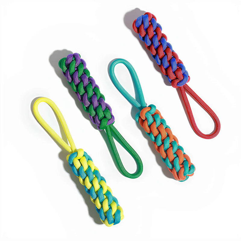 Set of colorful rope knot dog toys with durable loops, designed for chewing and interactive play.