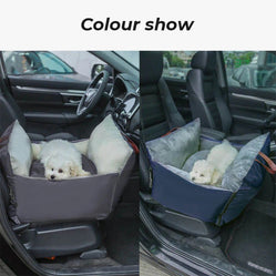 Grey and blue colour options of a pet bag car seat.