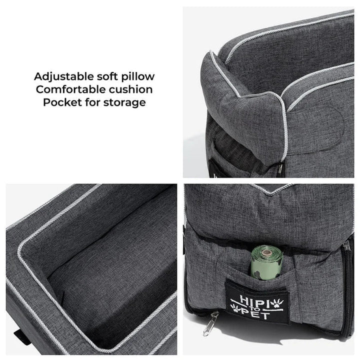 Portable console seat for pets with soft pillow and side pocket.