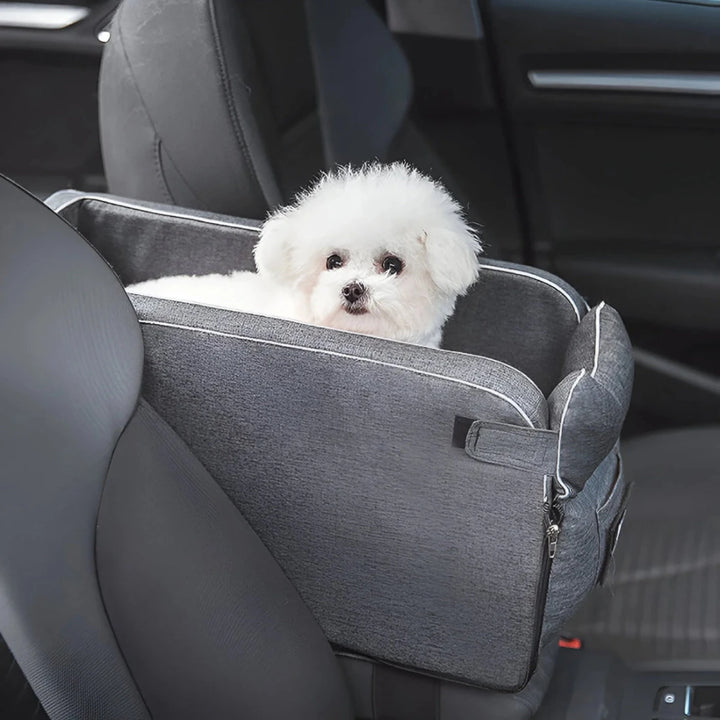 Сenter console dog car seat with white dog
