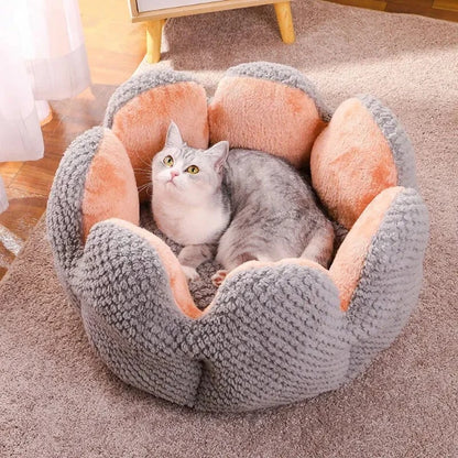 A cozy cactus-shaped pet bed featuring a gray plush exterior and soft orange interior, perfect for cats.