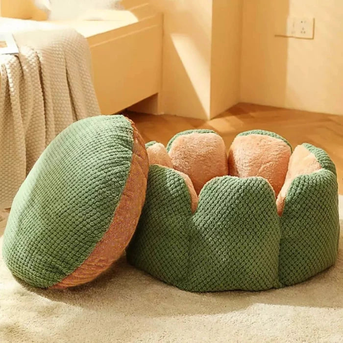 Cozy cactus-shaped pet bed with removable cushion, offering soft and secure comfort for cats and small dogs.