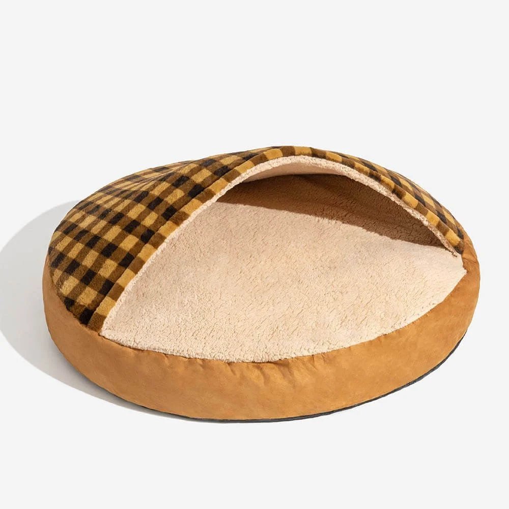 Plaid cozy covered dog bed with soft plush interior, providing warmth and comfort for small to medium-sized pets.