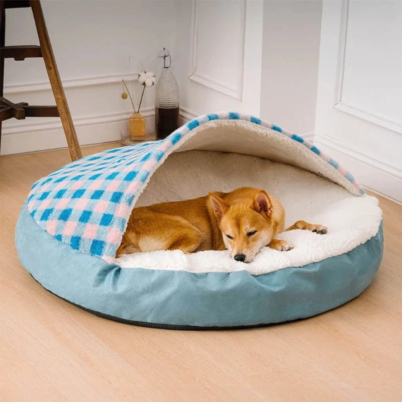 Cozy covered dog bed with plush interior, perfect for small to medium pets seeking warmth and comfort in style.