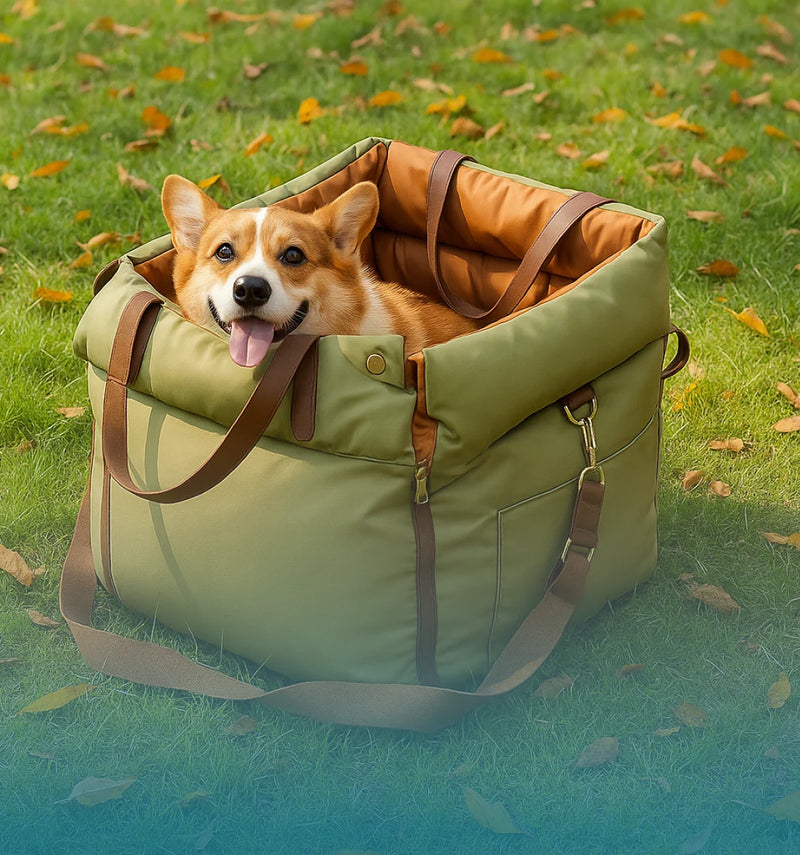 Cute corgi sitting in a green car bed on the grass in a Canadian park during autumn