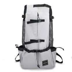 Pet backpack gray with secure zippers and mesh panels, ideal for small and big dogs.
