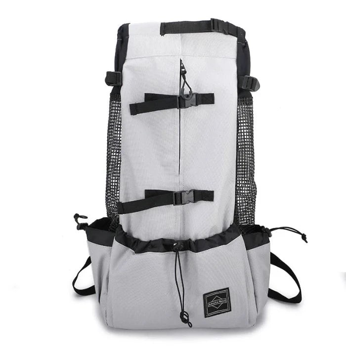 Pet backpack gray with secure zippers and mesh panels, ideal for small and big dogs.