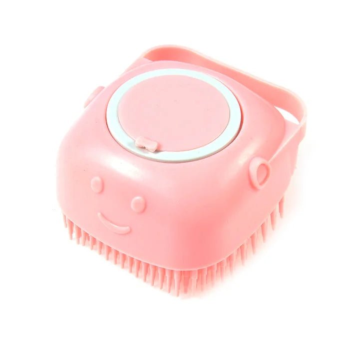 Pink silicone dog bath brush with shampoo dispenser for effective pet grooming and easy bathing experience.