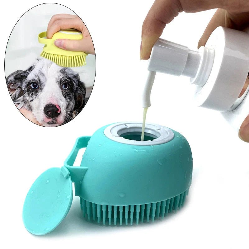 Silicone dog bath brush with built-in shampoo dispenser for easy pet grooming, shown with a refillable liquid soap feature.