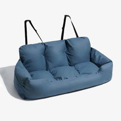 Dog car back seat bed in blue with straps for secure travel