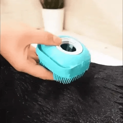 Hand pouring shampoo into a shampoo brush for dogs, then brushing over the dog’s back and head