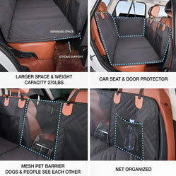 collage showing hard bottom dog seat covers with door protection, mesh panel, storage pocket and extra back seat space