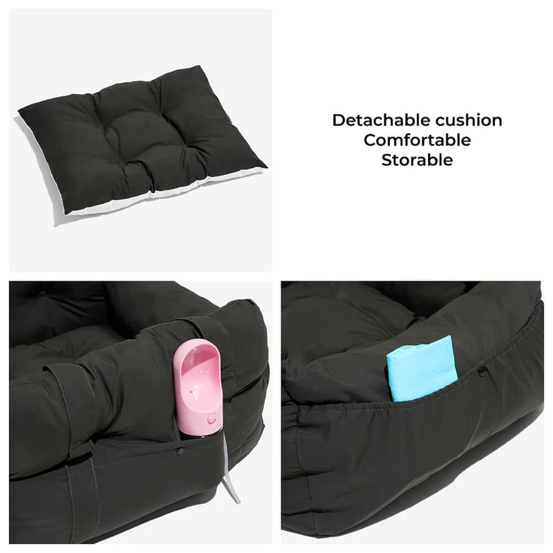 Dog bed with a detachable cushion, featuring storage pockets for water bottles and pet essentials.