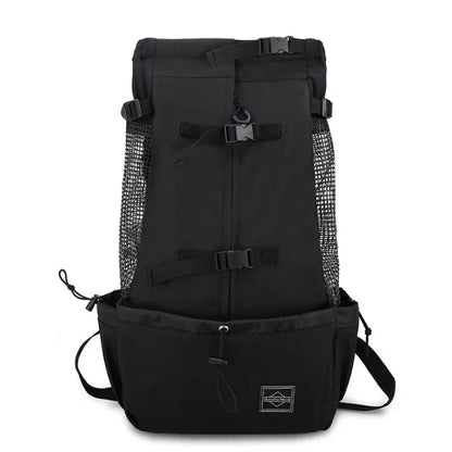 Adjustable dog carrier backpack in black, featuring breathable mesh panels and secure buckle straps for safety.