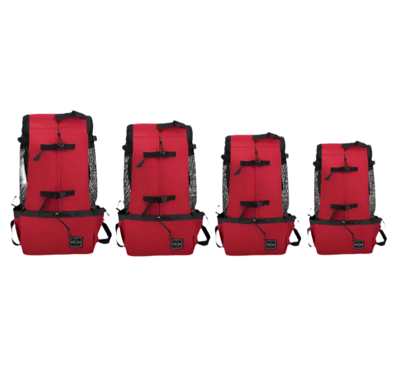 Red dog carrier backpacks in various sizes, designed for comfortable pet travel and outdoor adventures.