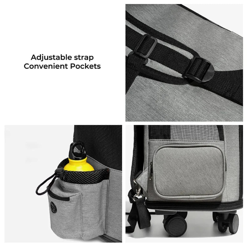 Close-up of strap and pockets on a best pet travel bag with wheels