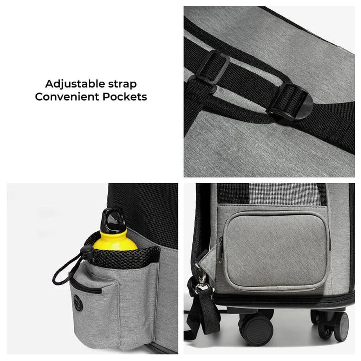 Close-up of strap and pockets on a best pet travel bag with wheels