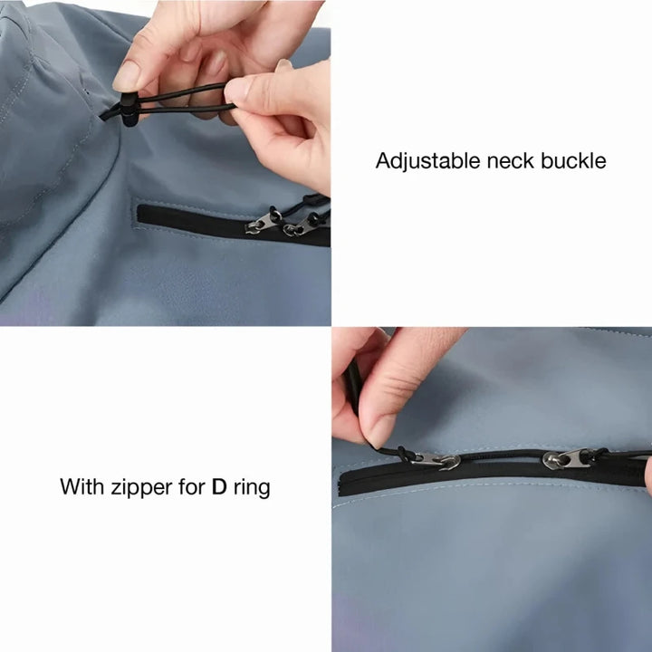 Close-up of waterproof dog fleece coat showing adjustable neck buckle and zipper opening