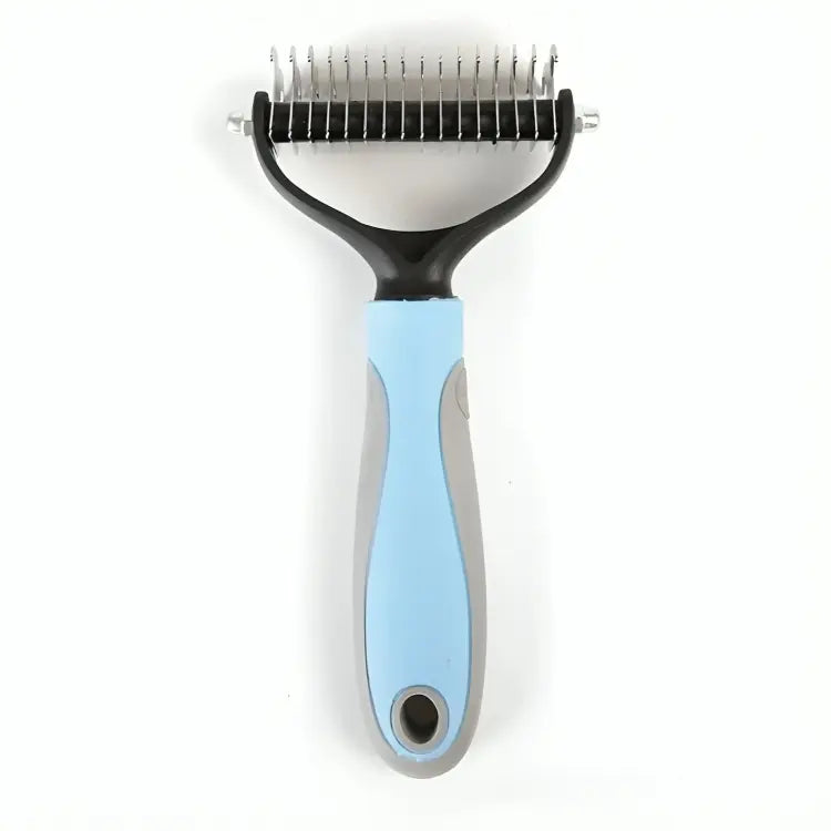 Blue dog deshedding brush with ergonomic handle, perfect for removing loose fur and reducing shedding in pets.