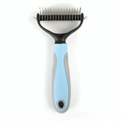 Blue dog deshedding brush with ergonomic handle, perfect for removing loose fur and reducing shedding in pets.