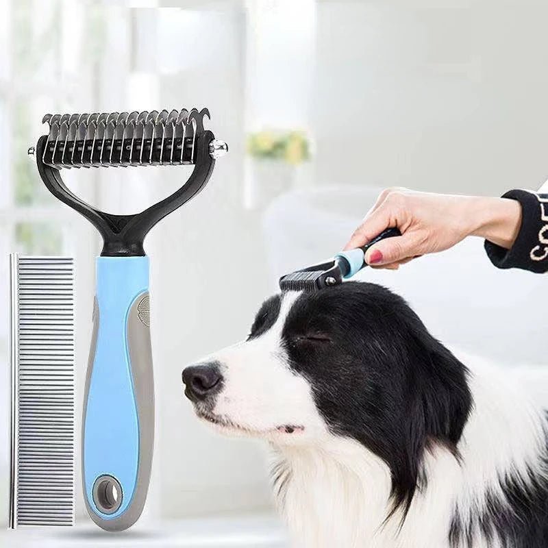 Dog being groomed with a deshedding brush, reducing shedding and promoting a healthy coat for pets with long fur.