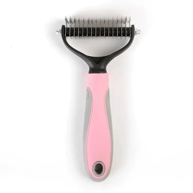 Pink dog deshedding brush with ergonomic handle, designed to remove loose fur and reduce shedding in pets efficiently.