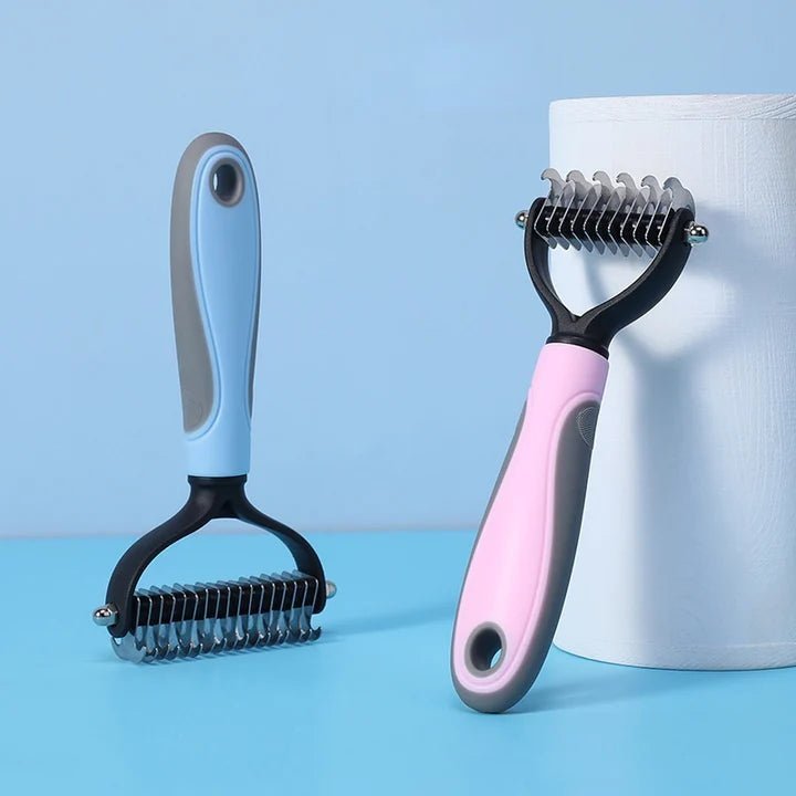 Two dog deshedding brushes with ergonomic handles, designed for effective grooming and reducing pet shedding.