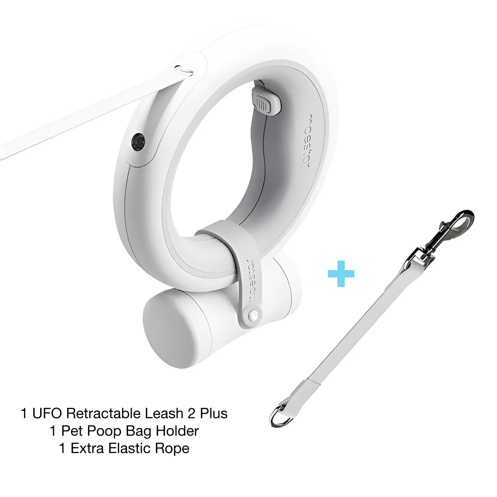Automatic retractable dog leash set with poop bag holder and extra elastic rope on a white background