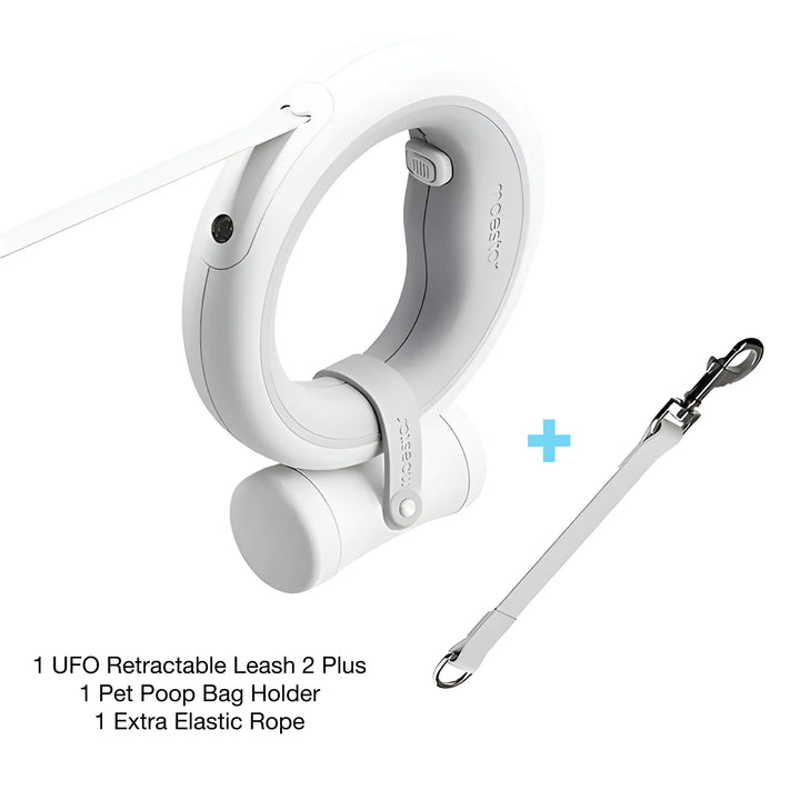 Automatic retractable dog leash set with poop bag holder and extra elastic rope on a white background