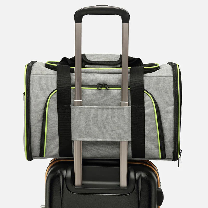 Airport-ready trolley sleeve on an airline approved pet bag
