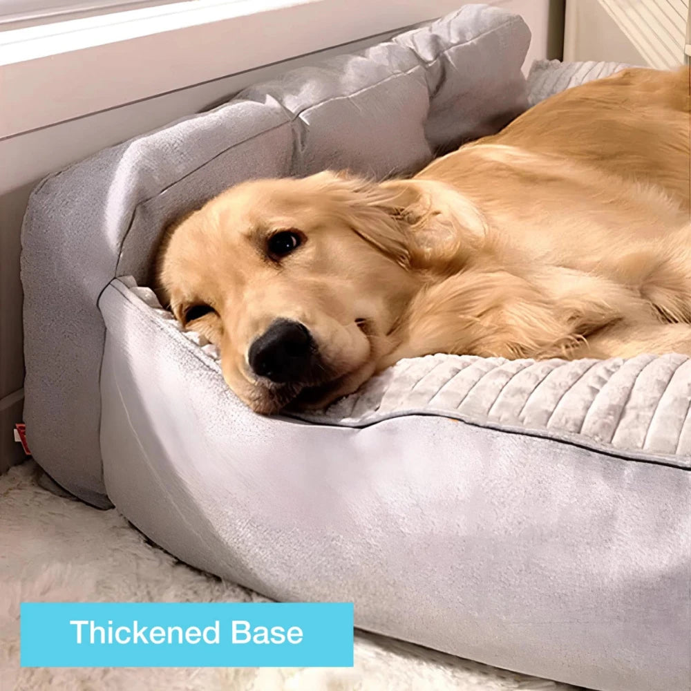 Golden retriever resting on calming dog pillow bed with backrest