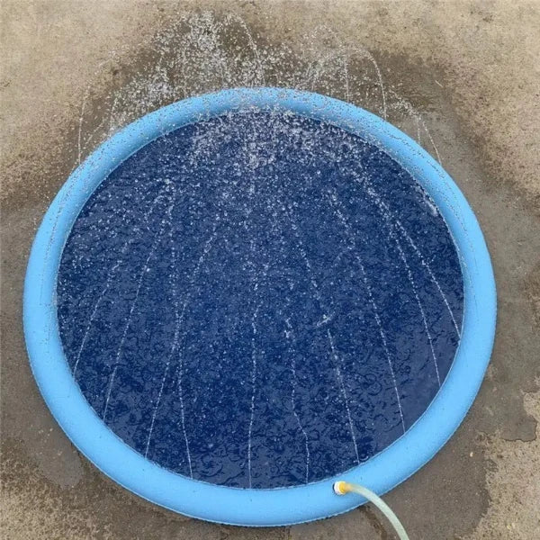 Blue dog pool with sprinklers providing a fun and refreshing outdoor water activity for pets during summer.