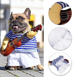 Pet musician costume on a french bulldog holding a small guitar outdoors with product detail closeups